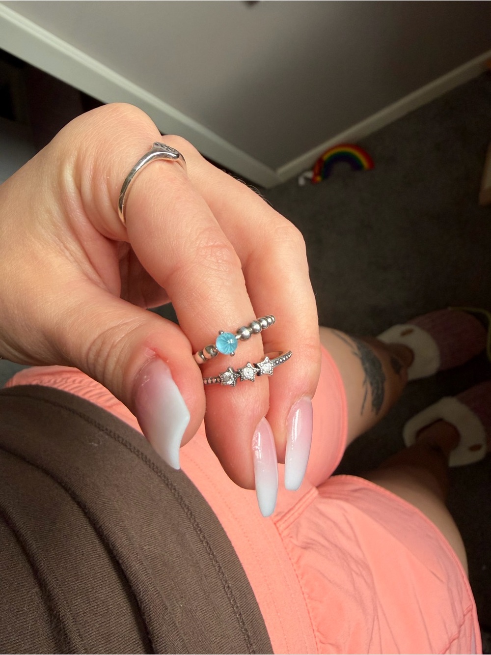 Pandora Silver Stacking Rings with Blue Stone and Clear Cubic Accents